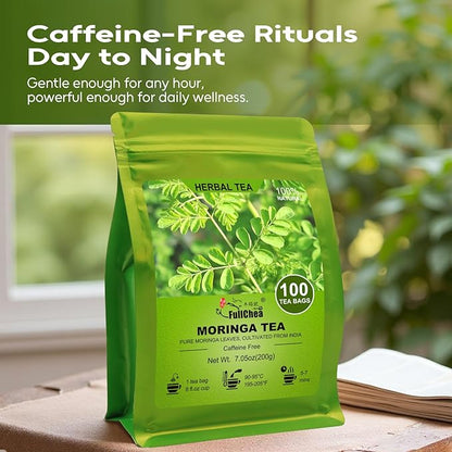 FullChea - Moringa Tea Bags, 100 Count - Pure & Natural Rosabella Moringa Leaves, Cultivated From India - Caffeine-free Herbal Tea for Supporting Digestion & Immune System - Non-GMO