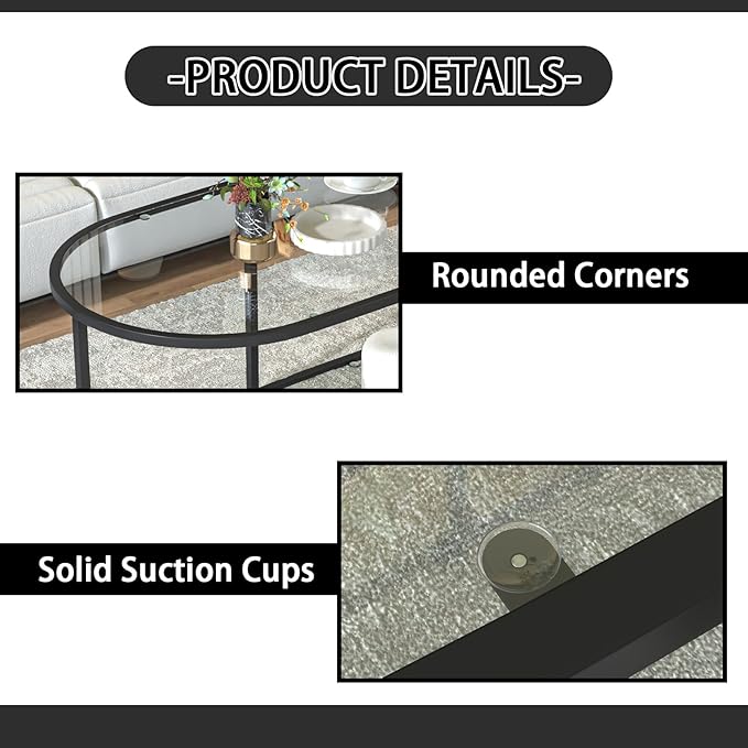 Coffee Table Black Glass Coffee Table for Living Room,2 Tiers Oval Center Table with Sturdy Metal Frame,Modern Tempered Glass Accent Table for Bedroom Home Office