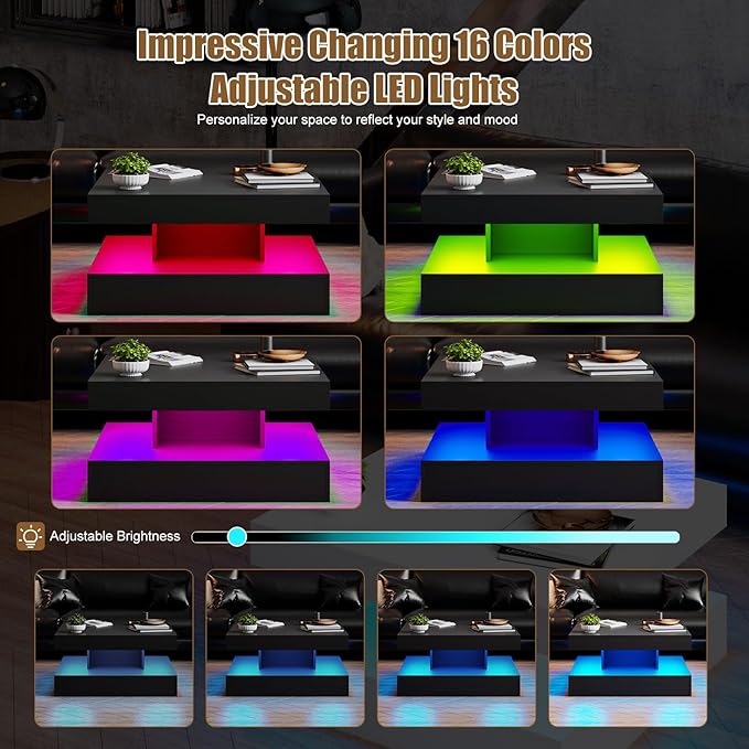 Black LED Coffee Table for Living Room, Living Room Table 2-Tier Square Middle Center Table, Modern Coffee Tables with Storage, Wood Tea Tables for Dining Reception, Skin Feeling