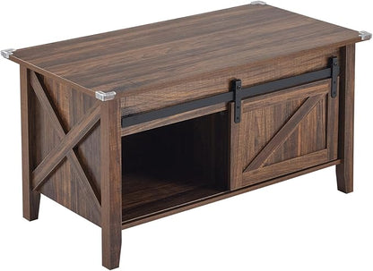 VINGLI Espresso Lift Top Coffee Table, 36" Small Farmhouse Barn Door Coffee Table with Storage, Rectangular Center Wood Coffe Table with Lifting Top, Lift Up Living Room Tables with Hidden Compartment