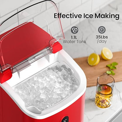 Nugget Ice Maker Countertop with Self-Cleaning Function, 35lbs/Day, Portable Ice Machine with Handle, One-Click Operation, Compact Design, Sonic Pellet Ice for Home(Red)