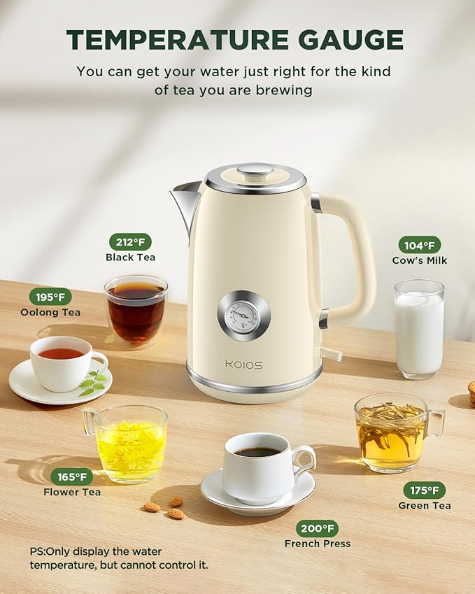 Electric Kettle 1.8L with Temperature Gauge, 1500W Fast Boiling Electric Tea Kettle, 100% Stainless Steel Retro-Style Hot Water Kettle Electric - Glowing LED Light, Auto Shut-Off & Boil-Dry Protection