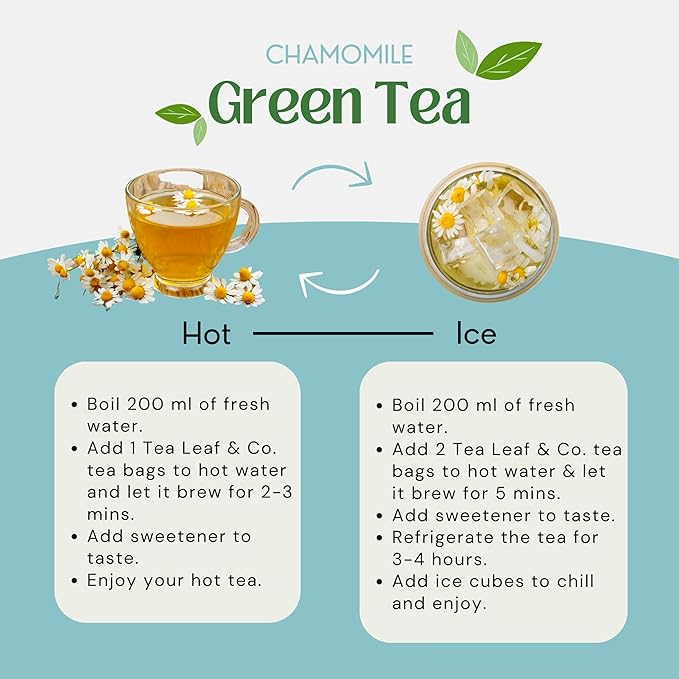 Tea Leaf & Co. Chamomile Green Tea Bags (50 Count), Green Tea with Lemon Extract and Lemongrass, Caffeinated, Real and Natura Green Tea, Blended with Fresh Herbs and Spices, Gluten Free