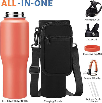32 oz Stainless Steel Water Bottle - Keep Cold-48 Hrs, Hot-24 Hrs, Leak Proof Vacuum Insulated Water Bottle with Straw, Spout Lid, Carrier Bag, Travel Coffee Tumbler Fits in Car Cup Holder