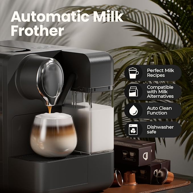 Espresso Machine with Integrated Automatic Milk Frother - Single-Serve Coffee Maker Capsule Compatible, One Touch Latte & Cappuccino, Single or Double Shot Espresso Maker