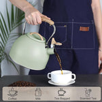 Load image into Gallery viewer, Tea Kettle, Vegoran 100 OZ / 3 Liter Whistling Tea Kettle, Tea Pots for Stove Top Food Grade Stainless Steel with Wood Pattern Folding Handle, Loud Whistle Kettle for Tea, Coffee, Milk (Green)