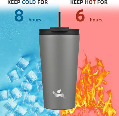 18 OZ Insulated Tumbler with Lid and 2 Straws Stainless Steel Water Bottle Vacuum Travel Mug Coffee Cup,Gray