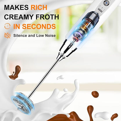 YUSWKO White Handheld Milk Frother Wand with Stand for Coffee, Rechargeable Electric Whisk with 3 Heads 3 Speeds Drink Mixer Coffee Frother For Latte, Cappuccino, Hot Chocolate, Egg