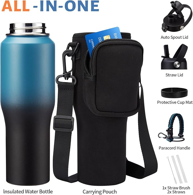 32oz 40oz Water Bottle Insulated - with Paracord Handle, Waterbottle with Straw & Auto Spout Lid, Insulated Water Cup Fit Car Cup Holder, Vacuum Travel Coffee Mug Iced Cold 48h or Hot 24h
