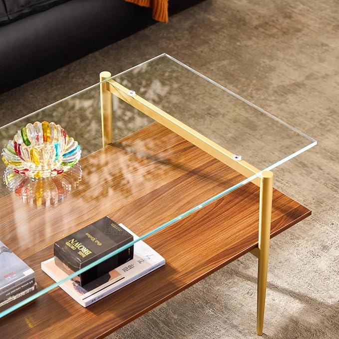 AGV LIGHTING Tadio Glass Coffee Table, Mid-Century Modern Coffee Table for Living Room, Gold Finish Leg, Clear Glass Top & Walnut Brown Wood Shelf, 41 in Length