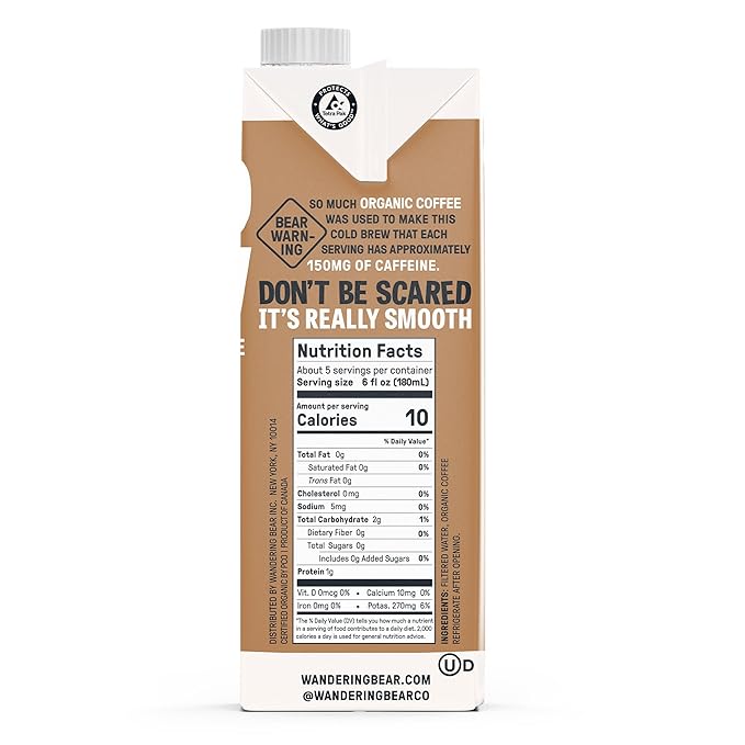 Wandering Bear Straight Black Organic Cold Brew Coffee, 32 fl oz, 6 pack - Extra Strong, Bold, Smooth, Unsweetened, Shelf-Stable, Ready to Drink, 100% Organic, Iced Cold Brewed Coffee Drinks