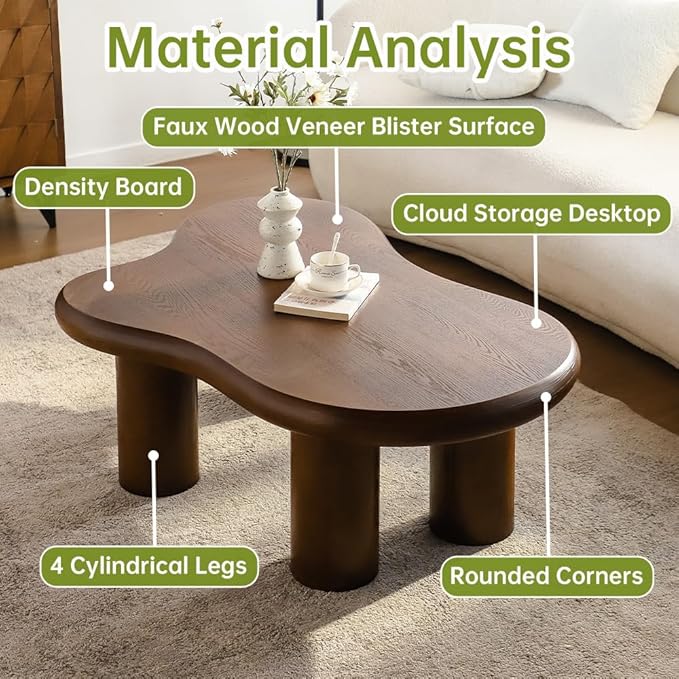 Brown Cloud Coffee Table Modern Irregular Coffee Table Unique Asymmetrical Coffee Tables with 4 Legs for Living Room Farmhouse (G, 46")