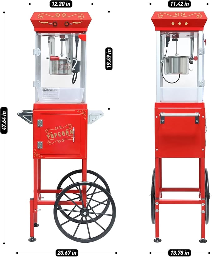 Commercial Popcorn Machine with Cart & 8 Oz Pot, Stainless Steel Vintage Style Popcorn Maker with Wheels, Lockers & Oil Spoon for Home Theater, Parties, Business