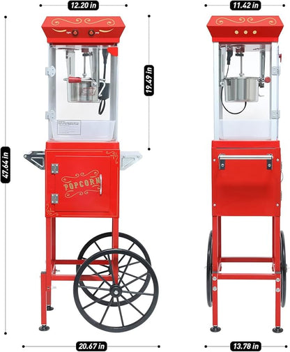 Commercial Popcorn Machine with Cart & 8 Oz Pot, Stainless Steel Vintage Style Popcorn Maker with Wheels, Lockers & Oil Spoon for Home Theater, Parties, Business