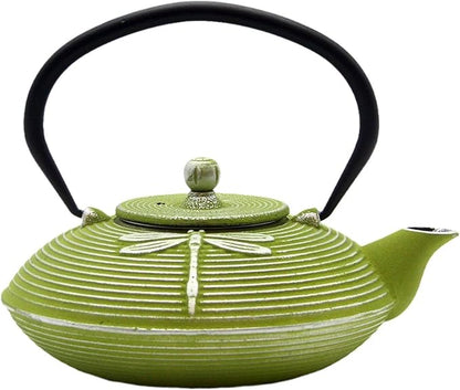 Cast Iron Teapot,SECHUDO Tea Kettle Coated with Enameled Interior for Loose Tea,Cast Iron Teapot with Stainless Steel Infuser for Stovetop Safe (27.1oz Flat Dragonfly Pattern)