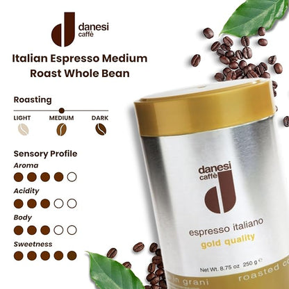 Danesi Caffe Italian Whole Coffee Beans - Espresso Coffee Beans and Medium Roast Whole Bean - Perfect for Espresso Machines, French Press, and Home Brewing - Gold (8.75 lb)