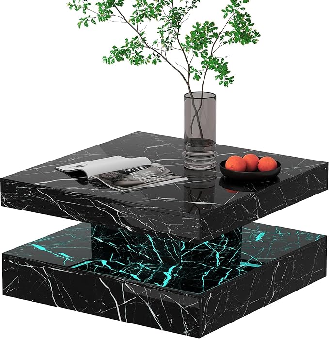 Black Marble LED Coffee Table for Living Room, Living Room Table 2-Tier Square Middle Center Table, Modern Coffee Tables with Storage, Contemporary Wood Tea Tables for Dining Reception