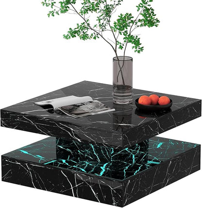 Black Marble LED Coffee Table for Living Room, Living Room Table 2-Tier Square Middle Center Table, Modern Coffee Tables with Storage, Contemporary Wood Tea Tables for Dining Reception