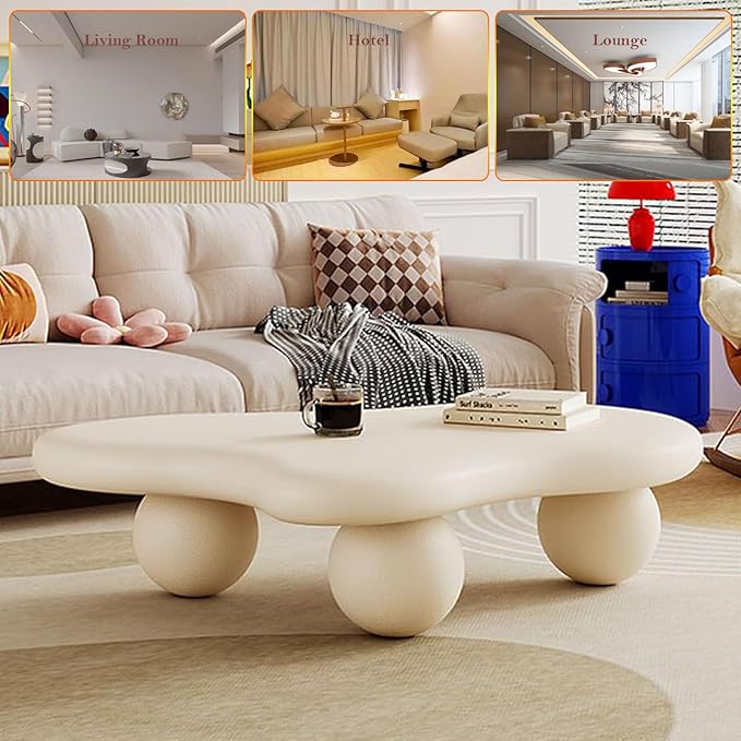 Irregular Cloud Coffee Table with 3 Stable Durable Ball Legs Asymmetrical Chic Low Center Table - Spacious Table for Cups Snacks Fruits Photo (F-39.37in)
