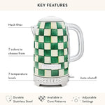 Load image into Gallery viewer, MACKENZIE-CHILDS Electric Kettle, Stainless-Steel Tea Kettle, Green-and-White Emerald Check