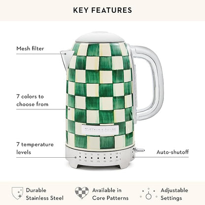 MACKENZIE-CHILDS Electric Kettle, Stainless-Steel Tea Kettle, Green-and-White Emerald Check