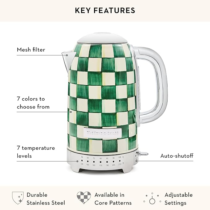 MACKENZIE-CHILDS Electric Kettle, Stainless-Steel Tea Kettle, Green-and-White Emerald Check
