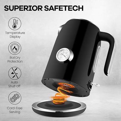 SULIVES Electric Kettle, 1.7L Stainless Steel Tea Kettle with Temperature Gauge, 1500W Water Boiler with LED Light, BPA-Free, Auto Shut-Off and Boil-Dry Protection,Black