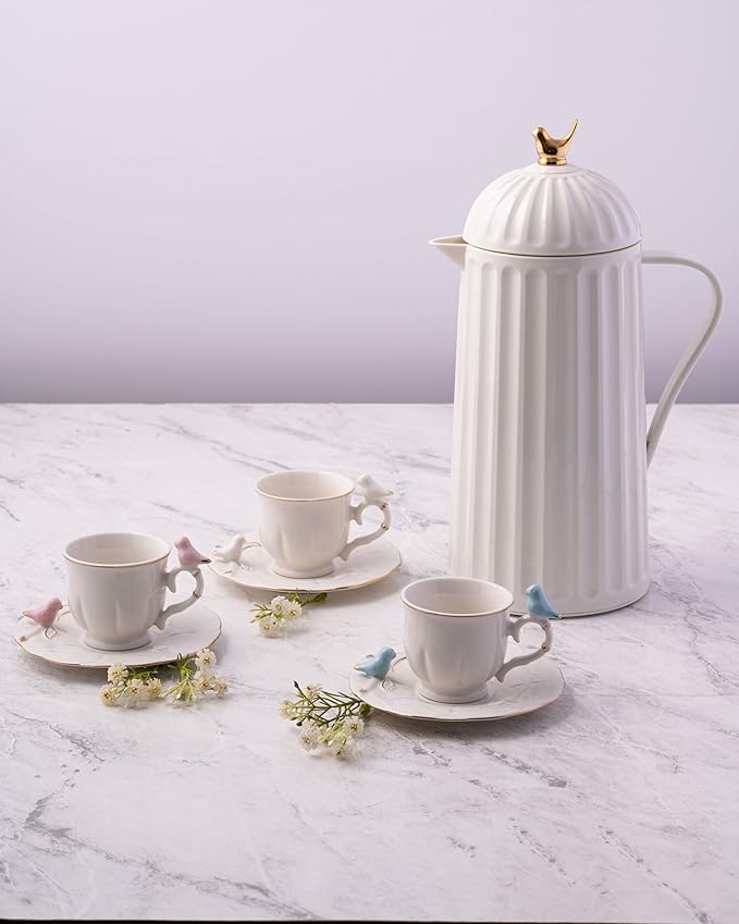 WOLFF 1 Liter White Bird Thermal Coffee Carafe, Plastic Exterior with Glass Lining Insulated Beverage Dispenser for Hot and Cold Drinks, Thermos Bottle for Tea, Water Pitcher - White, 34floz/1L