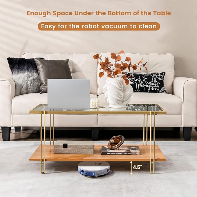 Tangkula Glass Coffee Table, 40In Mid Century 2 Tier Rectangle Coffee Table, Tempered Glass Top & Wood Storage Shelf, Steel Frame, Adjustable Feet, Modern Cocktail Accent Table for Living Room (Gold)