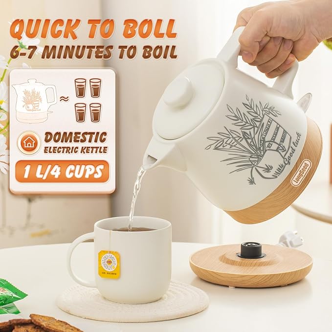 Ceramic Electric Kettle Pot 1 Liter, Teapot Rapid Boil For Coffee & Tea, Hot Water Boiler, Automatic Shut-Off, BPA-Free, Boil-Dry Protection, 1000W