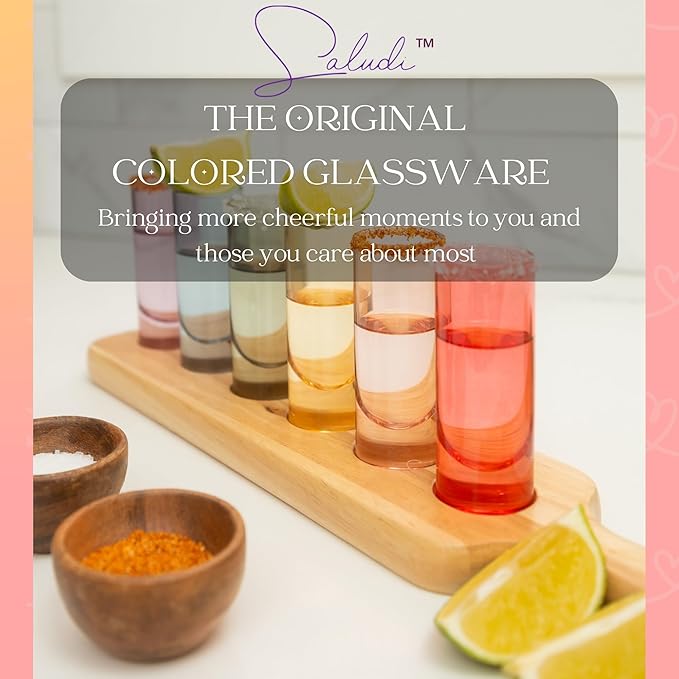 Saludi Colored Shot Glasses, 2oz (Set of 6) Multi-Color Glass with Wood Paddle - Luxury, Durable, Hand-Blown, Cute, Cool, Pink, Christmas, Rainbow, Unique, Tequila