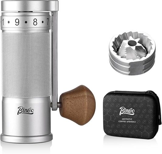 Bincoo Manual Coffee Grinder with Foldable Handle– External Setting Hand Coffee Grinder with Steel Burr,Compact and Portable for Home/Travel/Camping(Sliver)