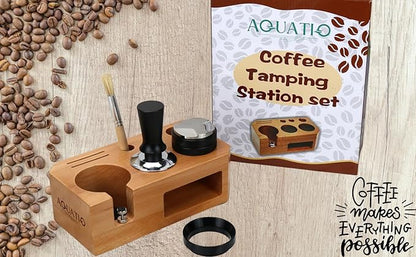 Espresso Tamping Station With Tools - 51, 53, 54 mm - Includes Coffee Tamper, Distributor, Dosing Funnel & Brush - Wooden Coffee Tamper Station - Espresso Organizer & Portafilter Holder