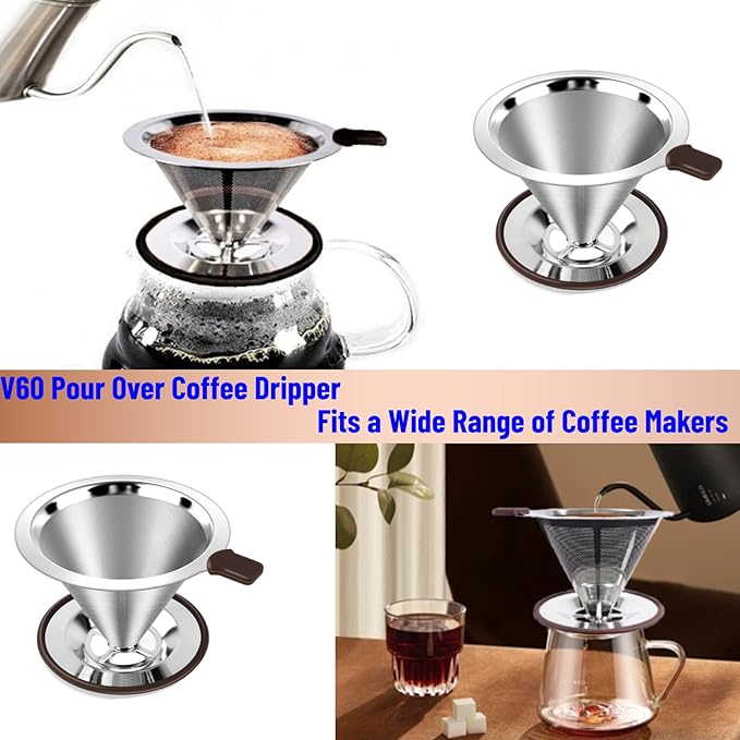 Reusable Paperless Coffee Filter V60,Coffee Dripper,Professional Stainless Steel Drip Cone Brew Coffee Strainer,Double Micro Mesh Filter,Coffee Filter Mug,Silicone Handle & Non-Slip Silicone Base (S)