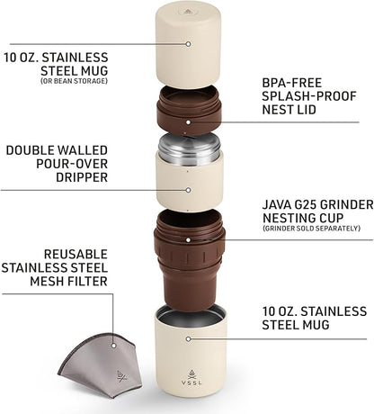 Nest Pour Over Coffee Kit | Coffee Maker for Camping | All-In-One Travel Pour Over | Transportable Dripper, Two 10oz Stainless Steel Travel Mugs | Compact Storage & Adventure Ready | Cream