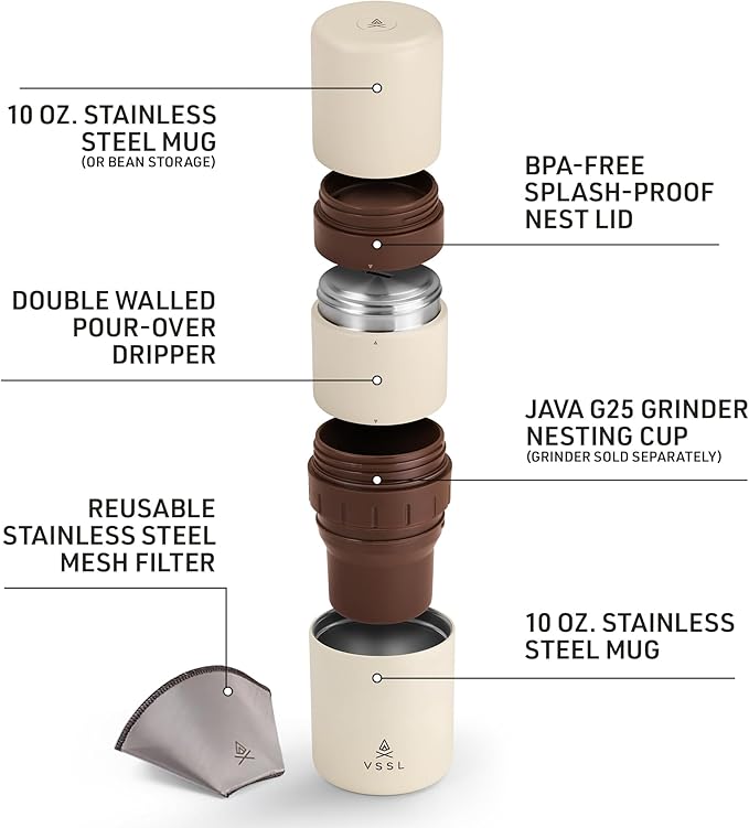 Nest Pour Over Coffee Kit | Coffee Maker for Camping | All-In-One Travel Pour Over | Transportable Dripper, Two 10oz Stainless Steel Travel Mugs | Compact Storage & Adventure Ready | Cream