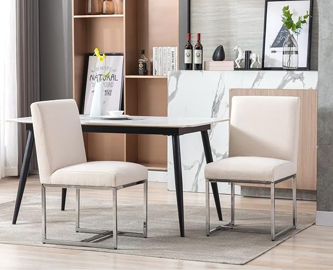 CIMOTA Modern Dining Chairs Set of 6, Upholstered Dining Room Chairs Armless Guest Side Chair with Chrome Base for Dining Room/Kitchen, Beige, 6PCS