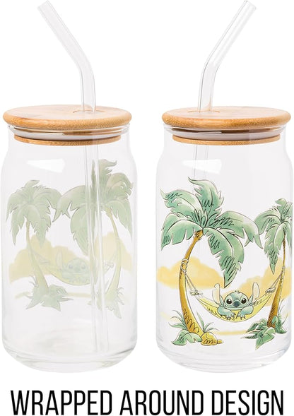 Silver Buffalo Disney Lilo and Stitch Relaxing Chilling in Hammock Island Glass Jar Tumbler with Bamboo Lid and Glass Straw, 16 Ounces