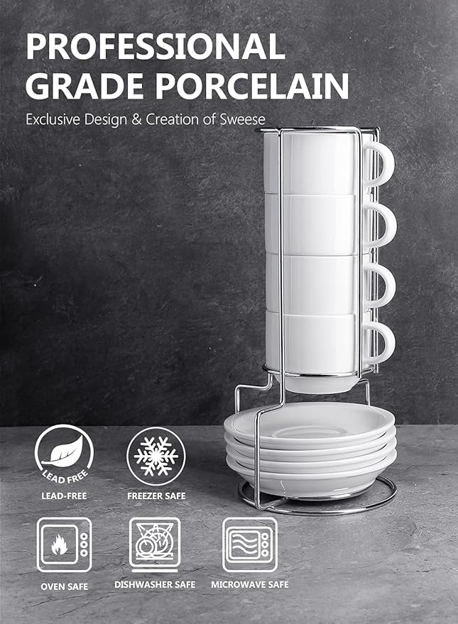 Sweese 4 Ounce Porcelain Stackable Espresso Cups with Saucers and Metal Stand Set of 4, White