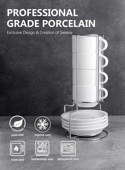 Sweese 4 Ounce Porcelain Stackable Espresso Cups with Saucers and Metal Stand Set of 4, White