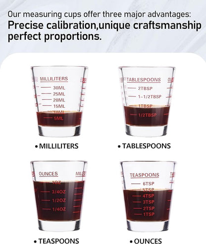 Shot Glasses Measuring Cup Set 6 Pack Espresso Shot Glasses Liquid Heavy Glass 26-Incremental Measurement 1 OZ,2 TBS,6 TSP,30 ML Kitchen Tools(Red)