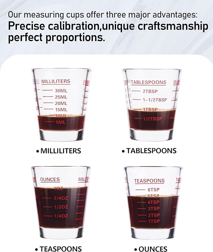 Shot Glasses Measuring Cup Set 4PACK Espresso Shot Glasses Liquid Heavy Glass 26-Incremental Measurement 1 OZ, 2 TBS, 6 TSP, 30 ML Kitchen Tools (RED&Black)
