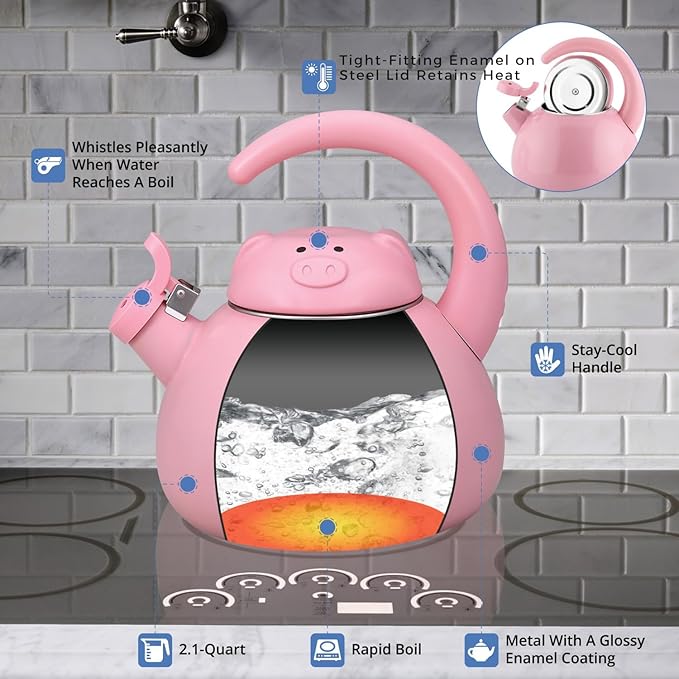 Whistling Tea Kettle for Stove Top Enamel on Steel Teakettle, Supreme Housewares Pink Pig Design Teapot Water Kettle Cute Kitchen Accessories Teteras (2.1 Quart, Pink Pig)