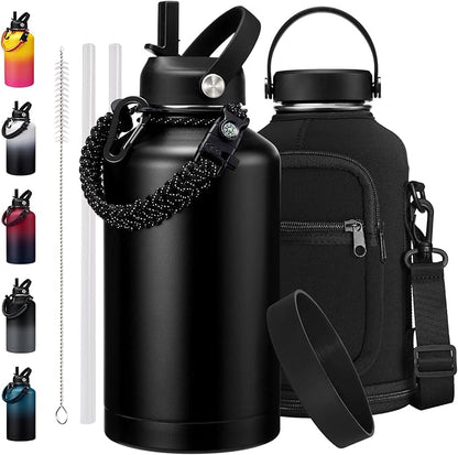 Stainless Steel 64 oz Wide Mouth Water Bottle - Keeps Ice Cold Up to 48H & Hot Up to 24H, Double-wall Metal Water Jug with Paracord Handle & Protective Boot
