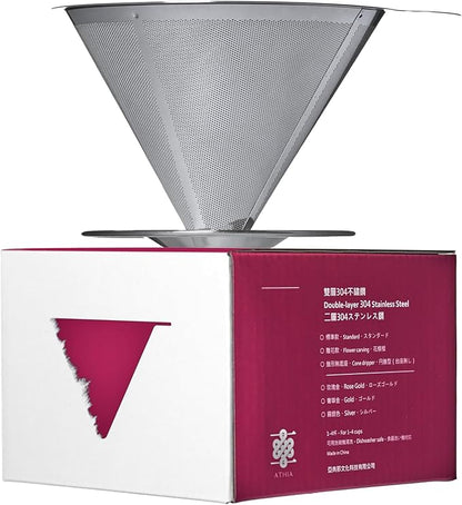 ATHIA Silver Stainless Steel Reusable Coffee Filter, Pour Over Cone Dripper with Fine Mesh, Paperless & Eco-Friendly Design, Fits Most Mugs, Carafes & Coffee Makers (Silver, Standard)
