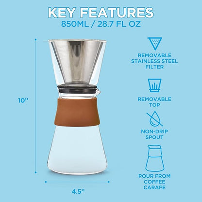GROSCHE Amsterdam Glass Pour Over Coffee Maker - Single Cup Manual Dripper Brewer w/Removable Glass Top & Permanent Stainless Steel Filter - 27.6 fl oz - Ideal for Home, Camping, & On-the-Go Brewing