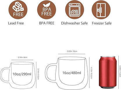 CNGLASS 16oz Double Walled Glass Coffee Mugs(4-pack),Large Clear Coffee Cups with Handle,Glass Espresso Mugs for Latte,Cappuccino,Tea