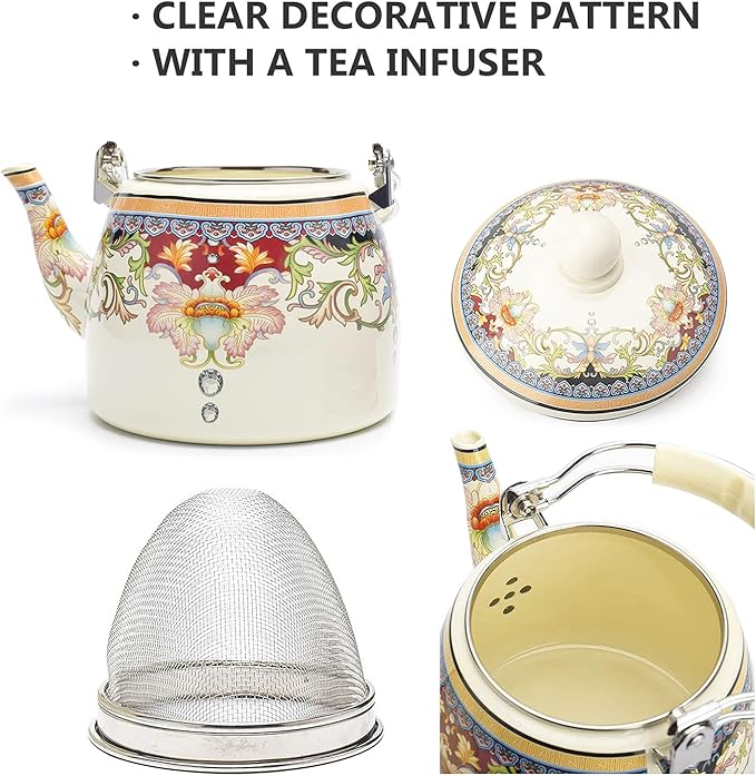 Floral Ceramic Enamel Teapot Tea Kettle for Stovetop,Large Porcelain Enameled Teakettle (3.3QT Mystery flower)