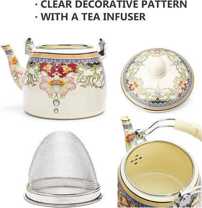 Floral Ceramic Enamel Teapot Tea Kettle for Stovetop,Large Porcelain Enameled Teakettle (3.3QT Mystery flower)