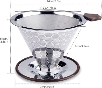 Pour Over Coffee Filter Dripper, Reusable Stainless Steel Metal Drip Coffee Maker Cone, Paperless Permanent Coffee Strainer, Coffee Mesh Filters for 1-4 Cup with Cleaning Brush